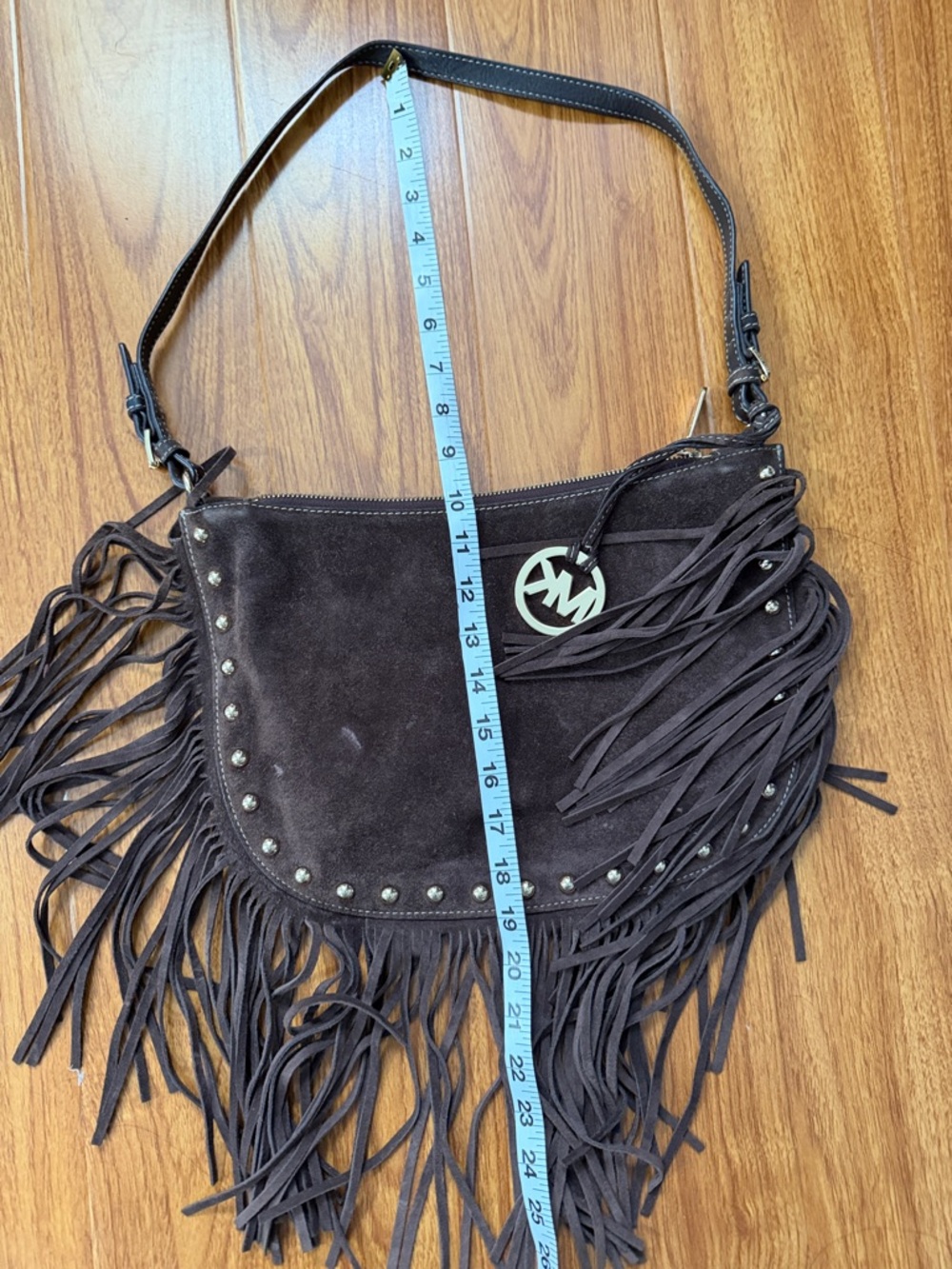 Michael Kors Dark Brown Suede Fringe Shoulder Bag with Logo Charm - Picture 2 of 7